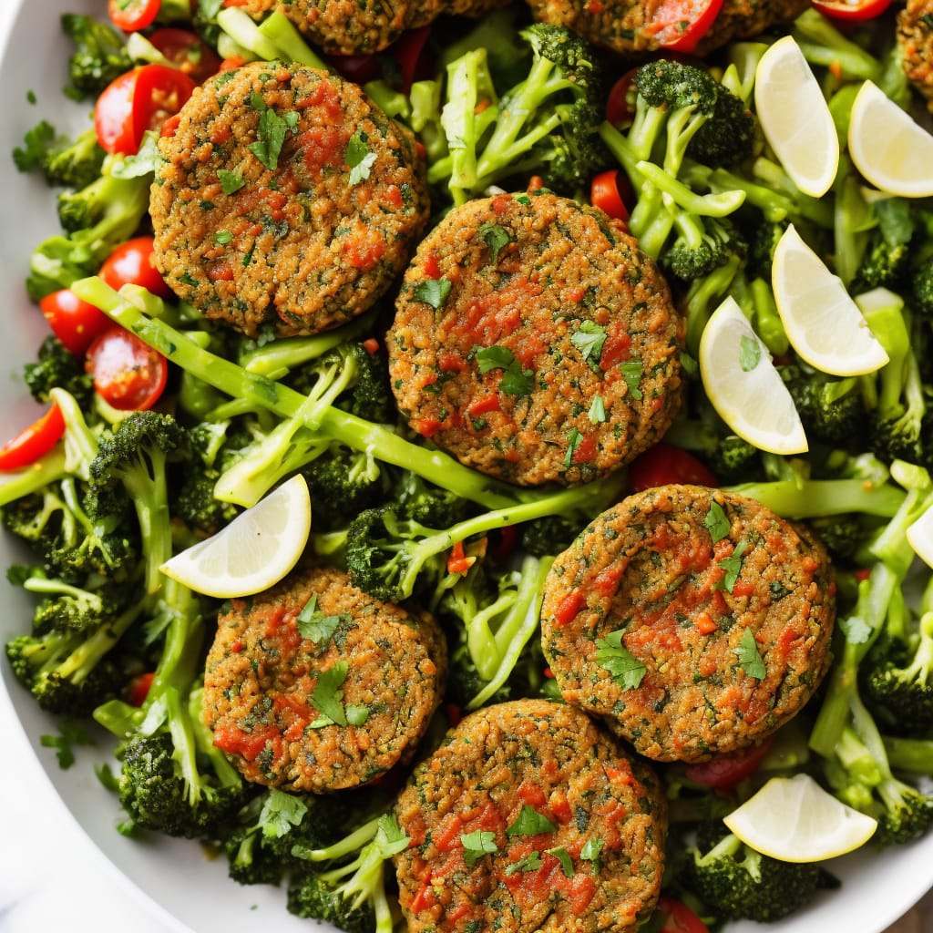 Falafels with spicy tomato & cashew sauce & poached spring vegetables