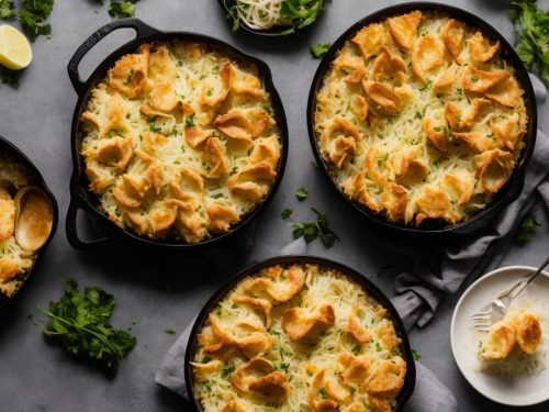 Fish pie with shoestring potato topping
