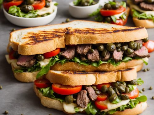 Griddled steak sandwich with olive caper butter