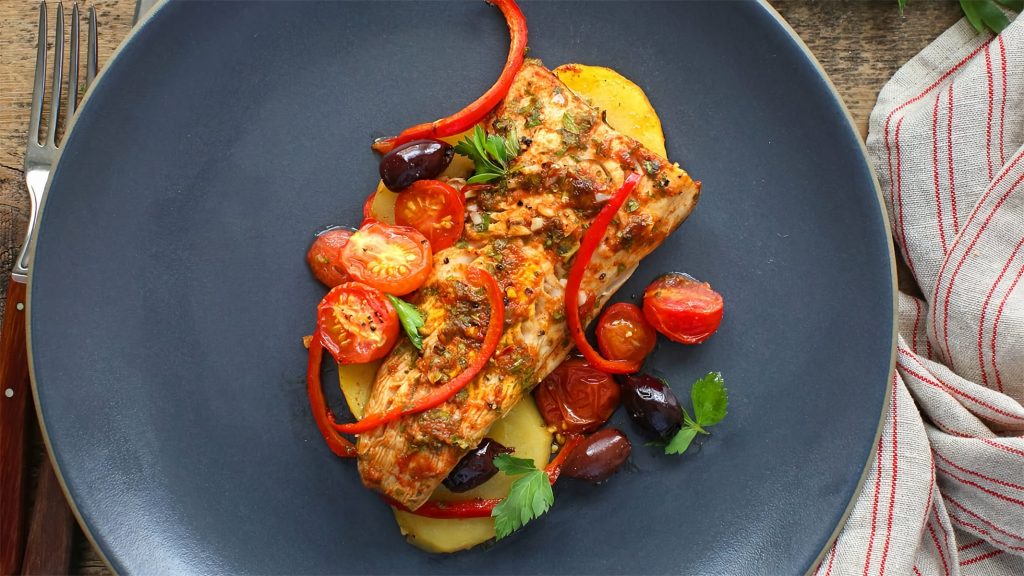 Grilled Fish with New Potato, Red Pepper & Olive Salad