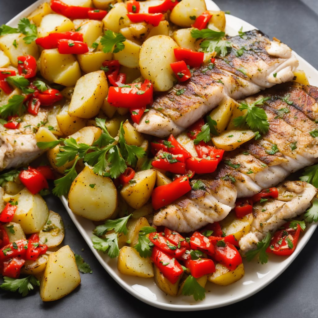 Grilled Fish with New Potato, Red Pepper & Olive Salad