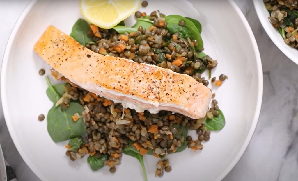 Grilled Wild Salmon with Anchovies, Capers & Lentils