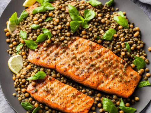 Grilled Wild Salmon with Anchovies, Capers & Lentils