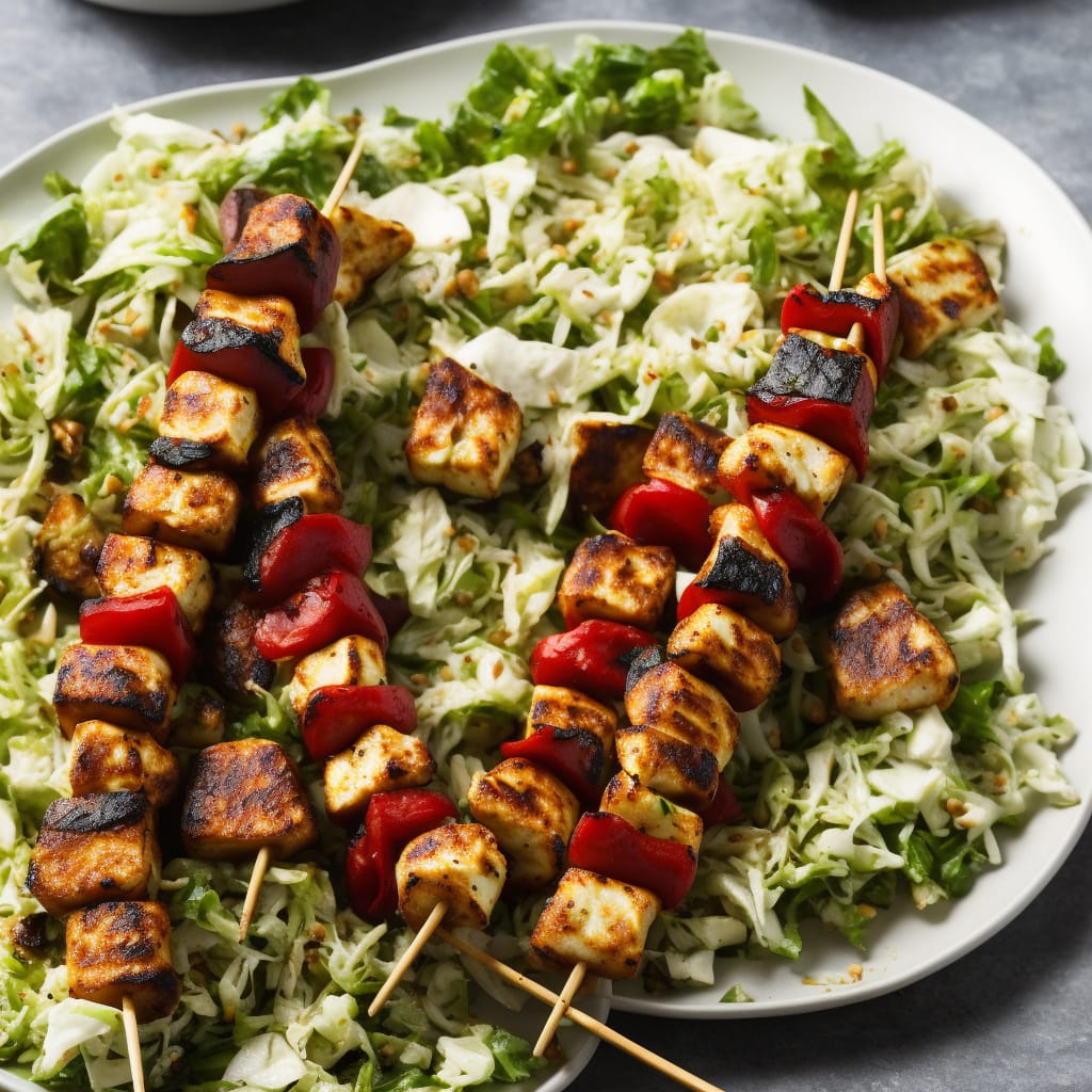 Halloumi & pepper kebabs with lemony cabbage salad