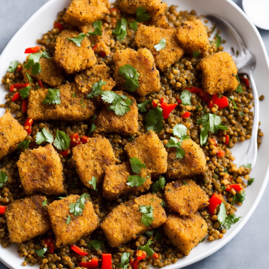Harissa-crumbed fish with lentils & peppers