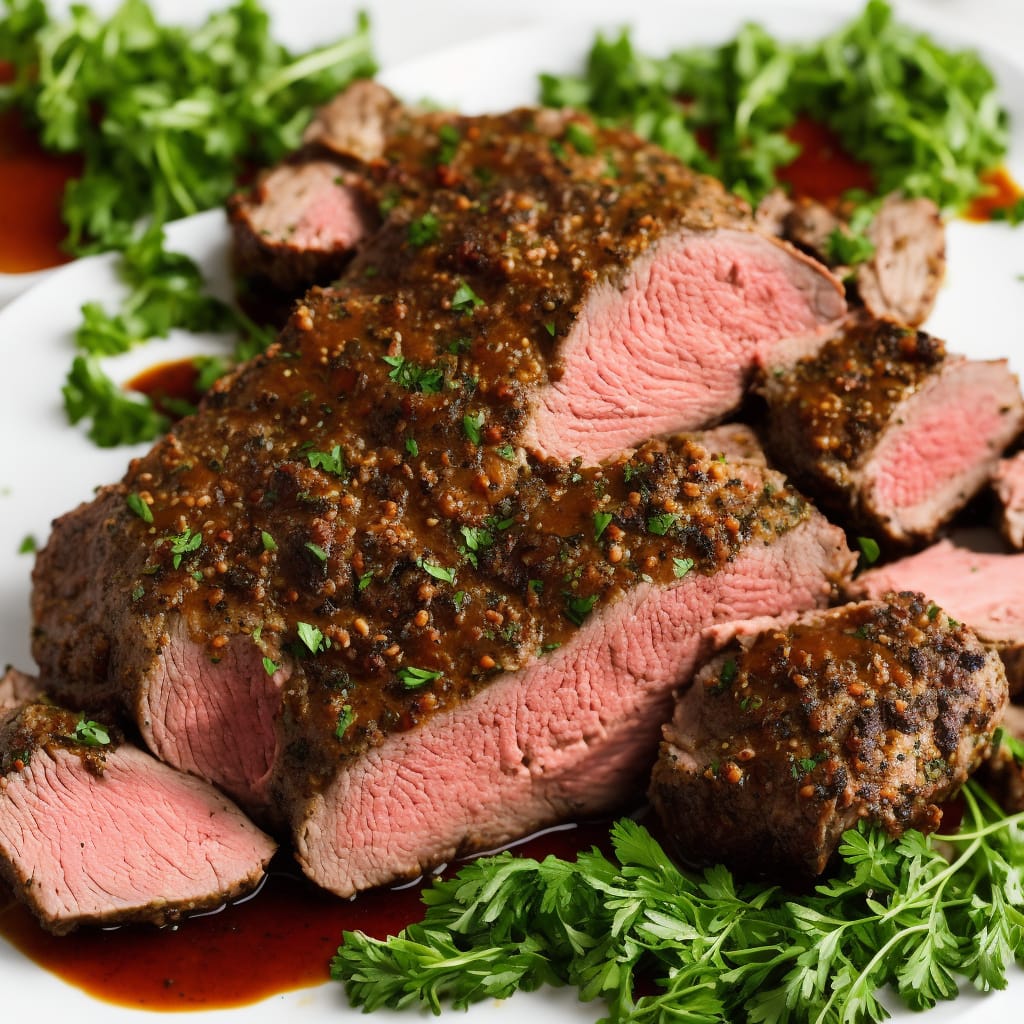 Herb-crusted leg of lamb with red wine gravy