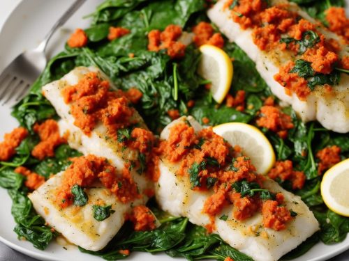 Herb & Garlic Baked Cod with Romesco Sauce & Spinach