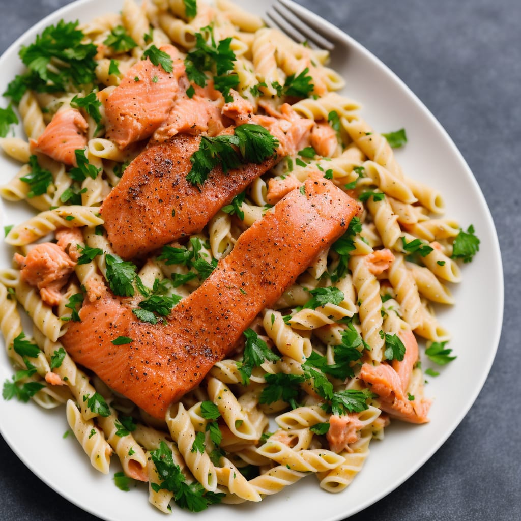 Hot-smoked salmon with creamy pasta & pine nuts