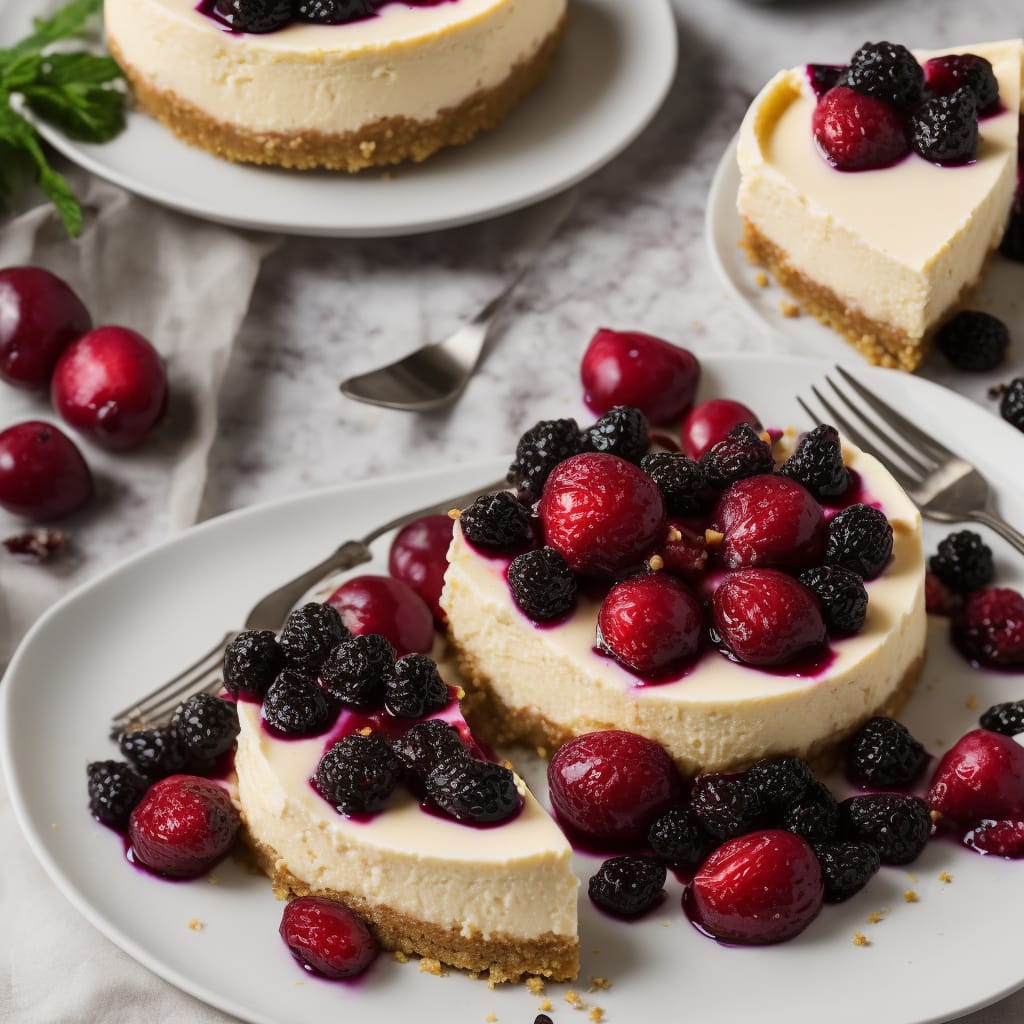 Lemon Cheesecake with Baked Plums & Blackberries