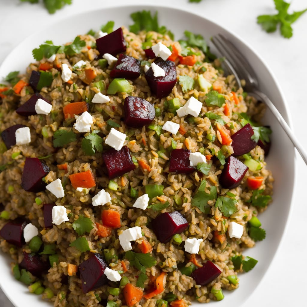 Lentil Rice Salad with Beetroot & Feta Dressing