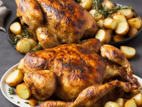 Maple roast chicken with potatoes & thyme