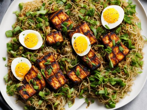 Miso-Glazed Tofu Steaks with Beansprout Salad & Egg Strands