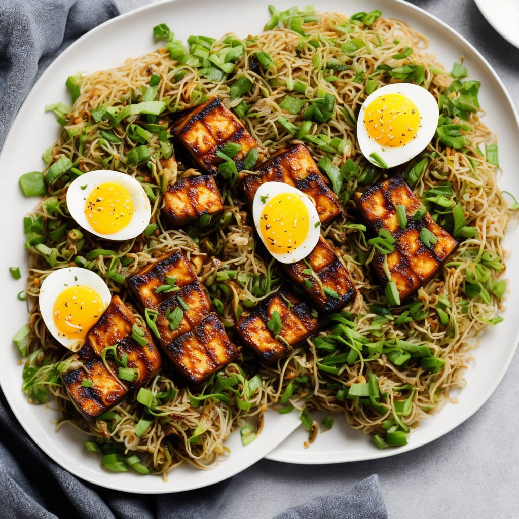 Miso-Glazed Tofu Steaks with Beansprout Salad & Egg Strands
