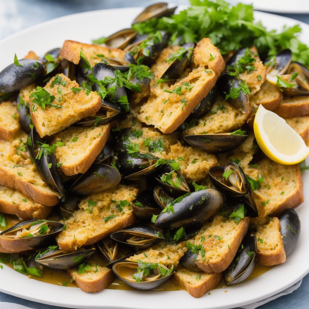 Mussels in White Wine Sauce with Garlic Butter Toasts