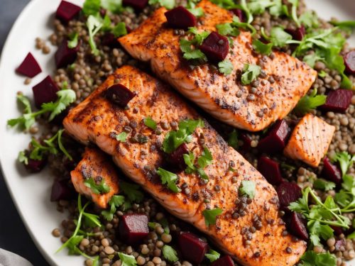 Mustardy Salmon with Beetroot & Lentils