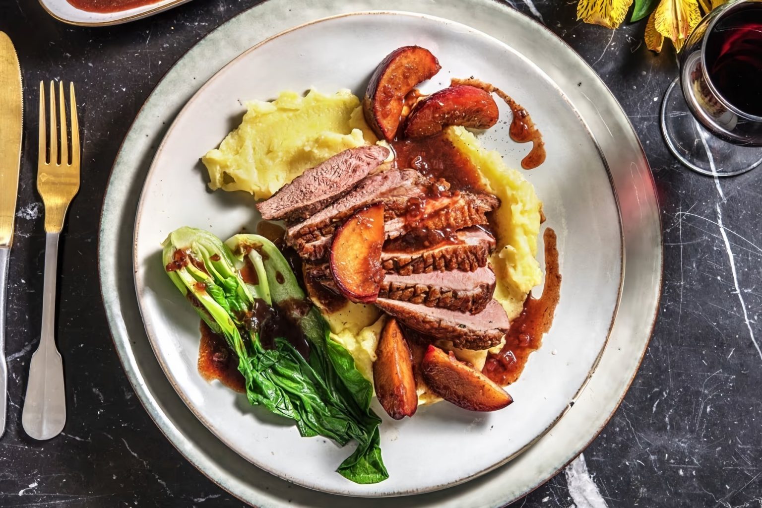 Onepan CorianderCrusted Duck, Roasted Plums & Greens Recipe