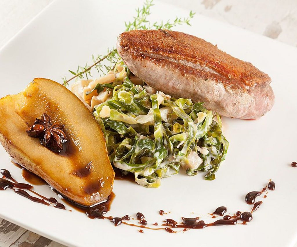 Pan-fried Duck Breast with Creamed Cabbage, Chestnuts & Caramelised Pear