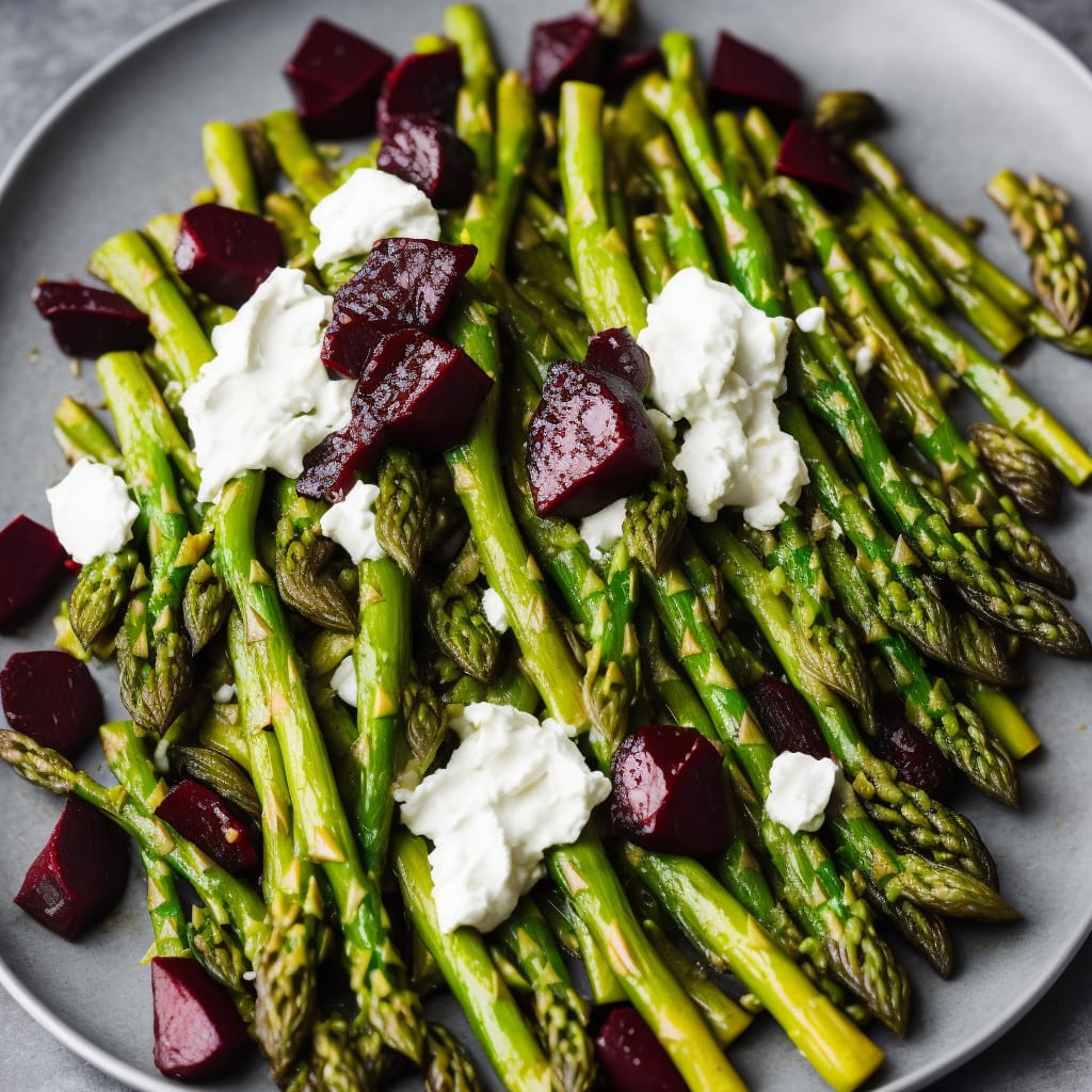 Pan-fried & raw asparagus with goat's curd & beetroot