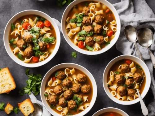 Pasta & Meatball Soup with Cheesy Croutons