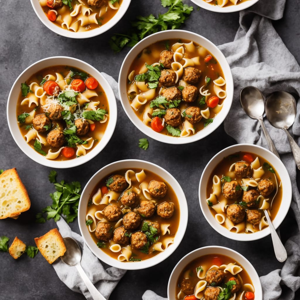 Pasta & Meatball Soup with Cheesy Croutons