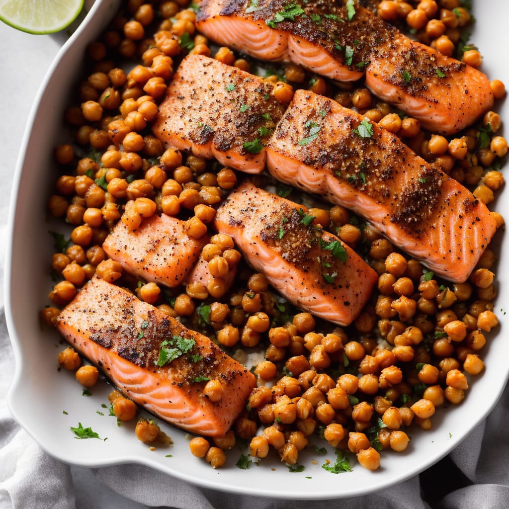 Pepper-Crusted Salmon with Garlic Chickpeas