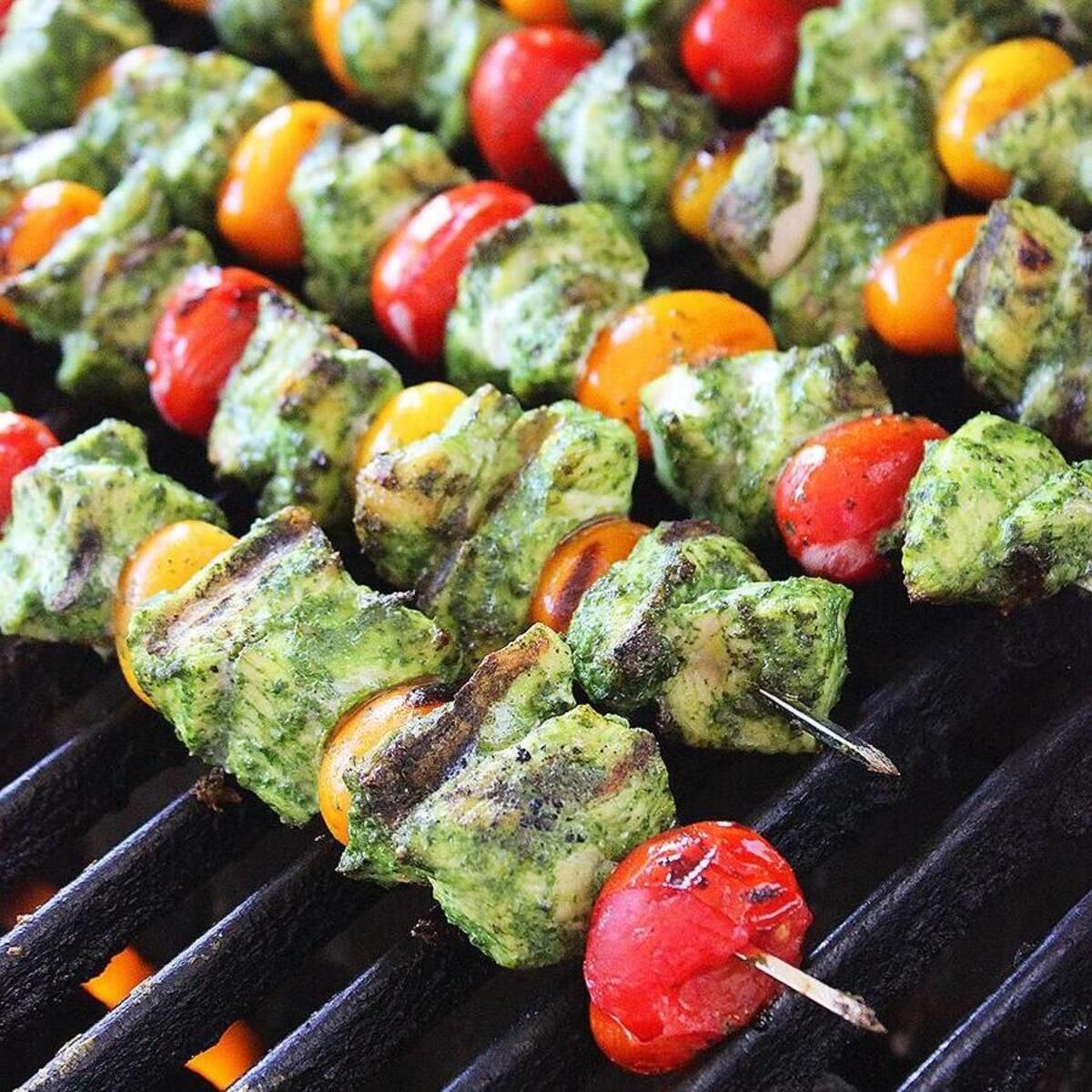 Pesto Chicken Kebabs with Roasted Veg Pasta