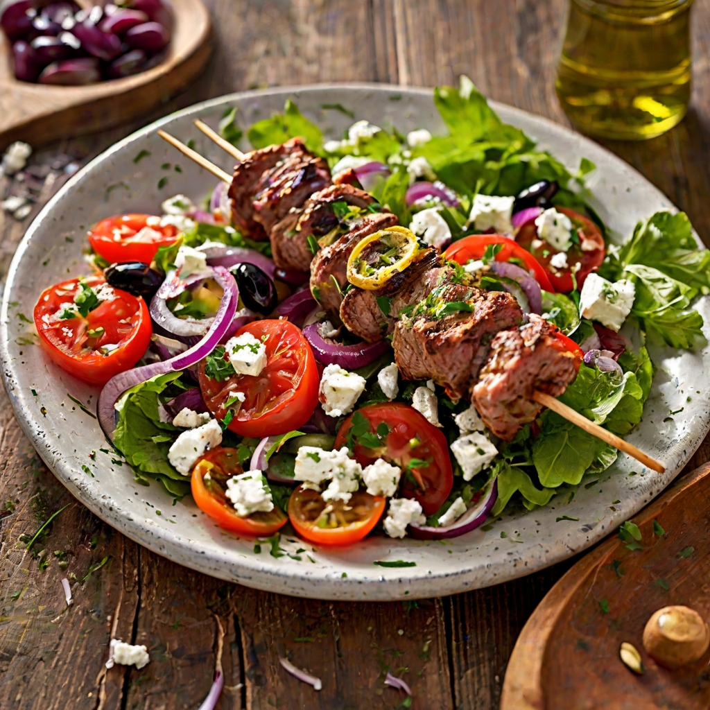Pork Souvlaki with Greek Salad & Rice