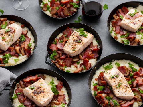 Red Wine Poached Halibut with Bacon & Mushrooms