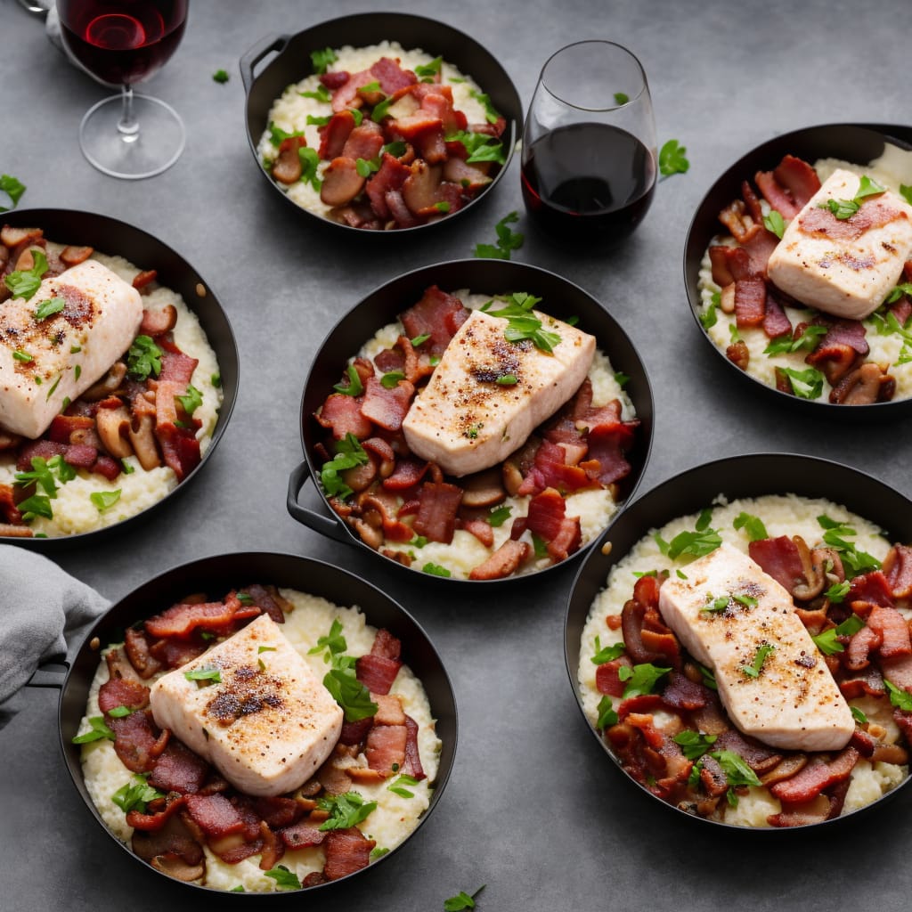 Red Wine Poached Halibut with Bacon & Mushrooms