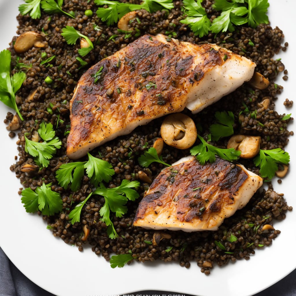 Roast brill with puy lentils & shiitake mushrooms