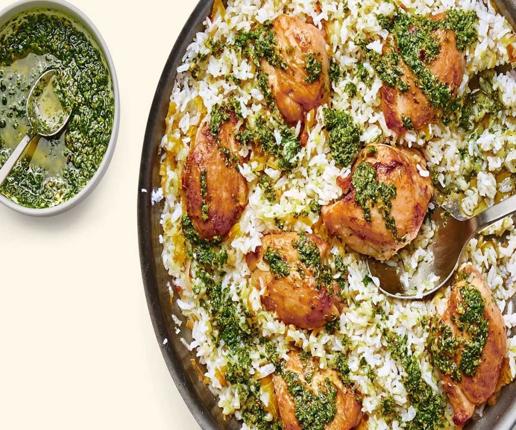 Roast Chicken Thighs with Brown Rice & Salsa Verde Recipe