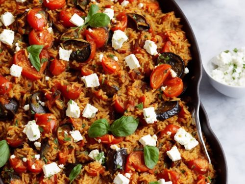 Roast puttanesca aubergines with tomato rice & feta recipe