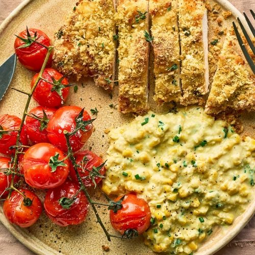 Roast Tomatoes, Chicken Schnitzel & Cheesy Creamed Corn Recipe
