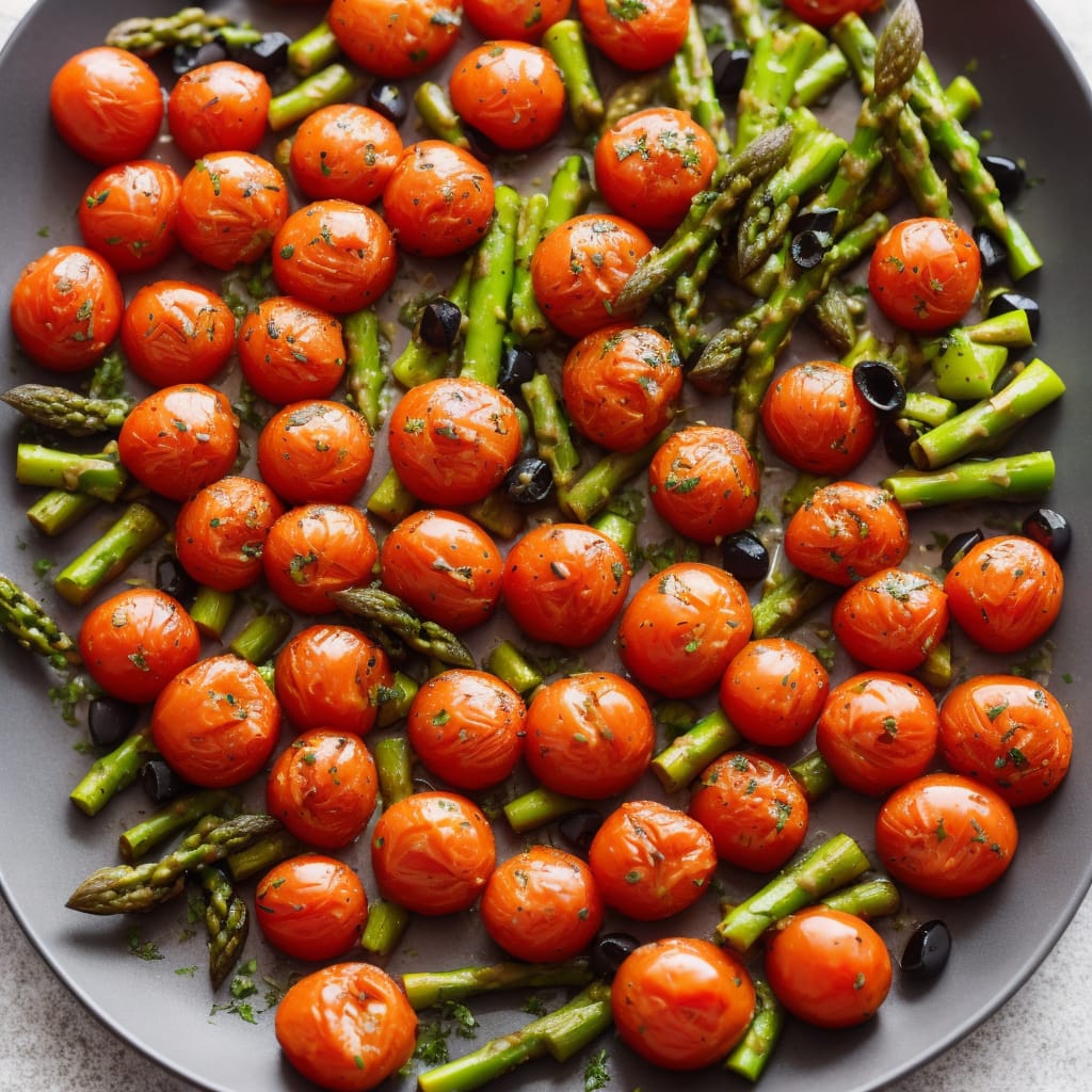 Roast Tomatoes with Asparagus & Black Olives