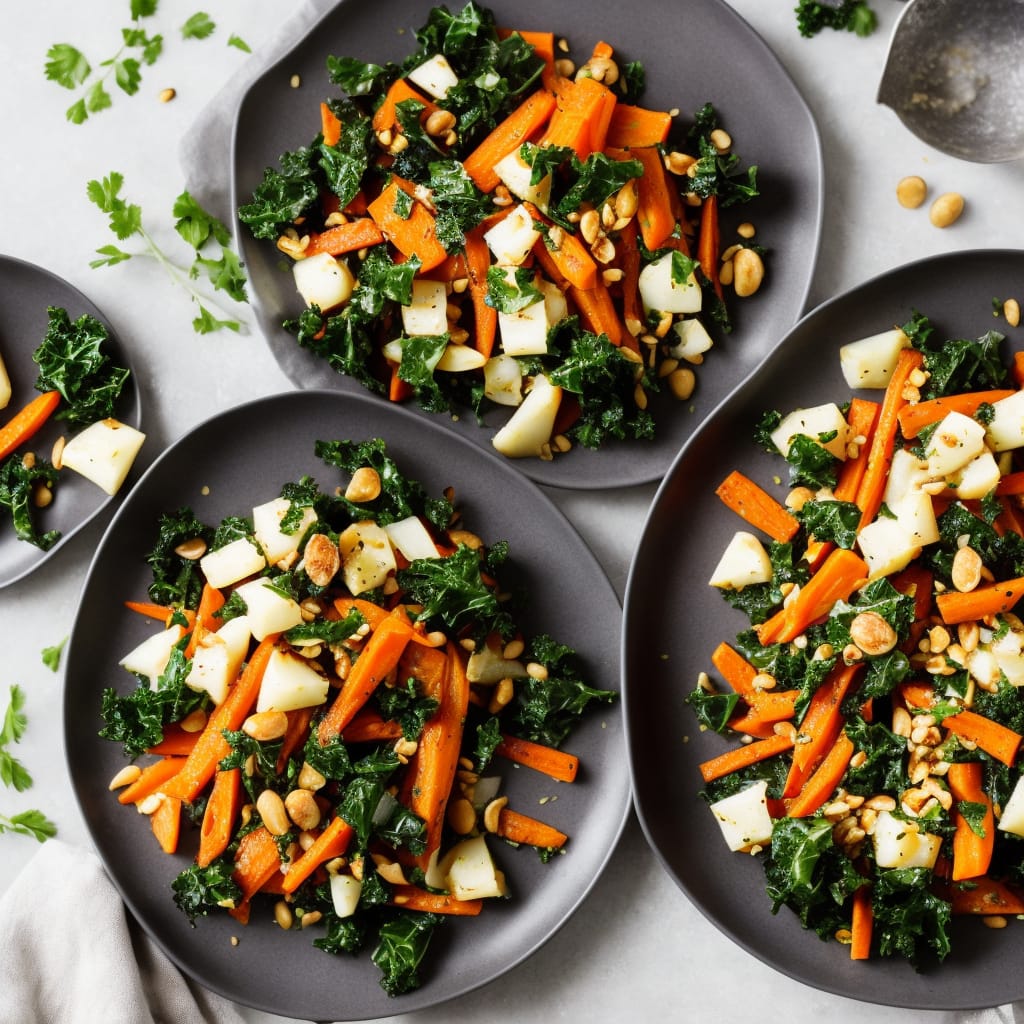 Roasted Celeriac & Carrots with Kale & Hazelnuts