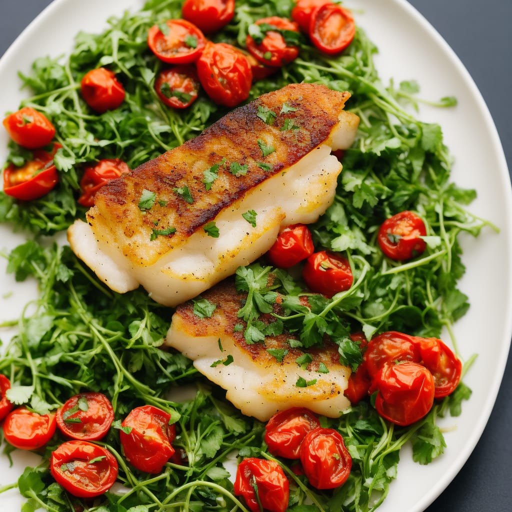 Roasted Cod with Easy Watercress Sauce & Roasted Cherry Tomatoes