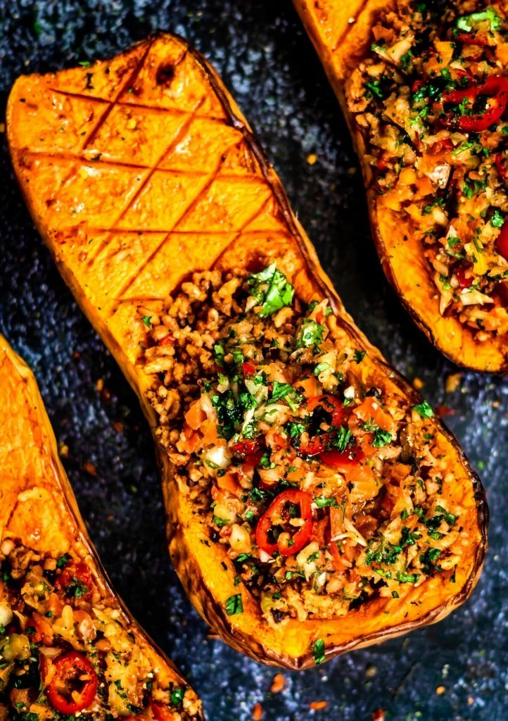 Roasted Stuffed Squash with Herby Pistachio Salsa