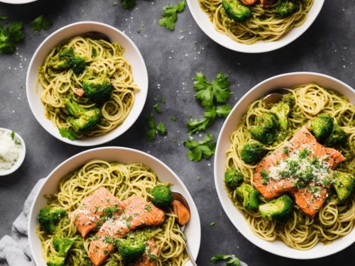 Salmon Spaghetti Soup with Broccoli Pesto