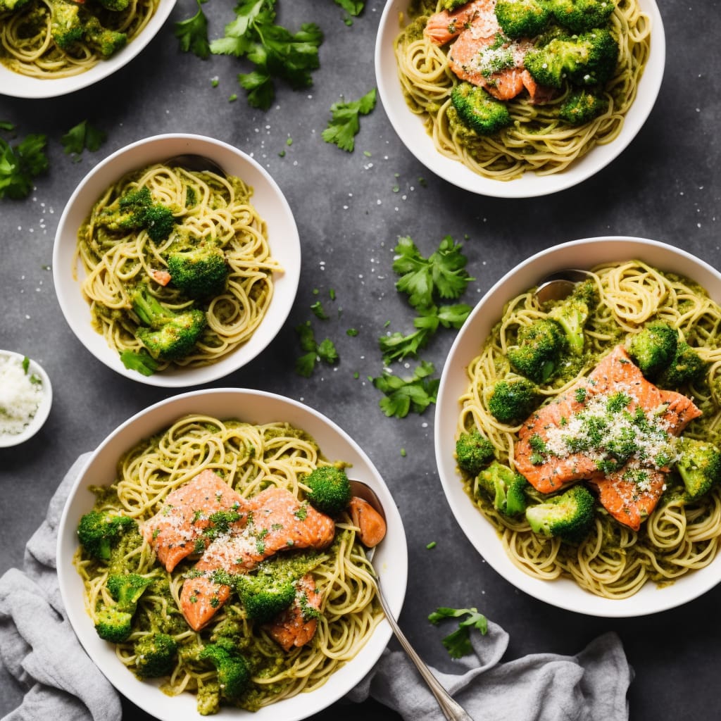 Salmon Spaghetti Soup with Broccoli Pesto