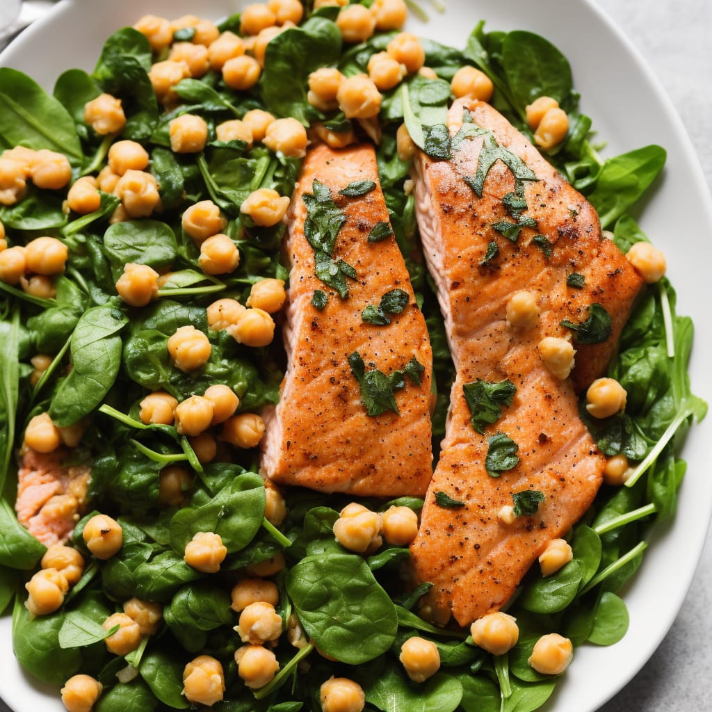 Salmon with Warm Chickpea, Pepper & Spinach Salad