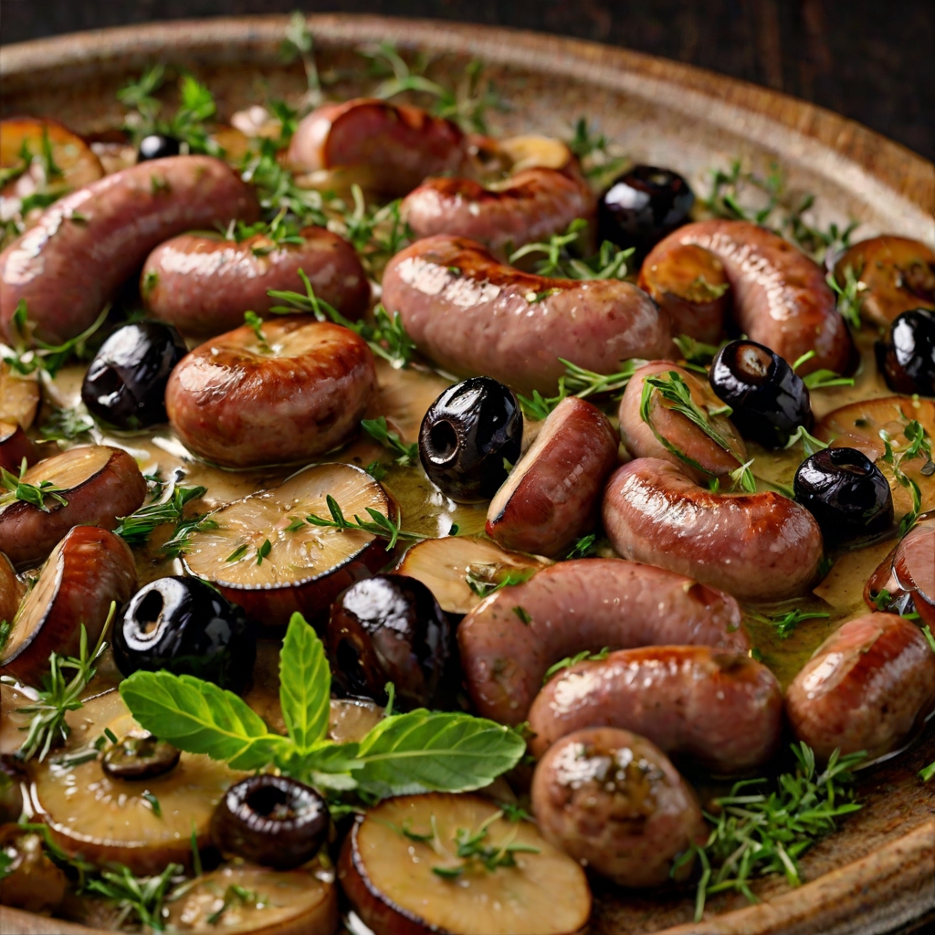 Sausages with oregano, mushrooms & olives