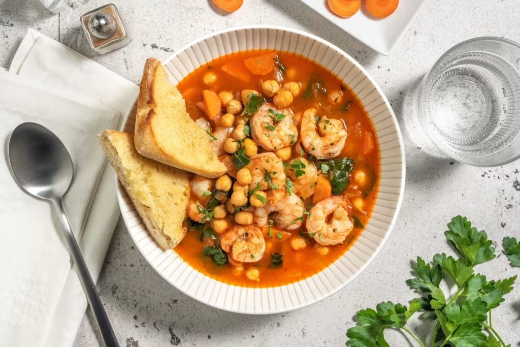 Seared Garlic Seafood with Spicy Harissa Bisque