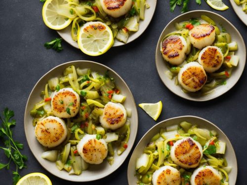Seared scallops with leeks & lemon chilli butter