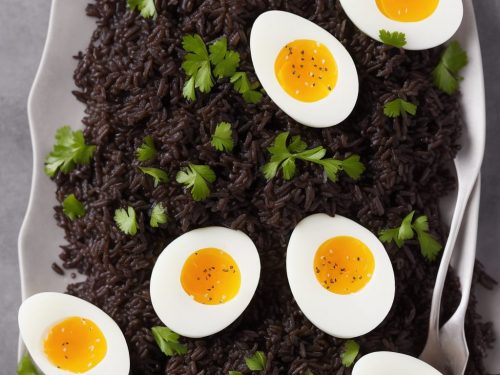 Soft-boiled eggs with black rice & aubergine