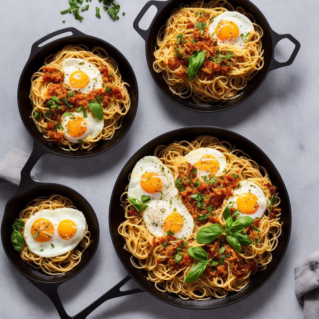 Spaghetti with Smoked Anchovies, Chilli Breadcrumbs & Fried Egg