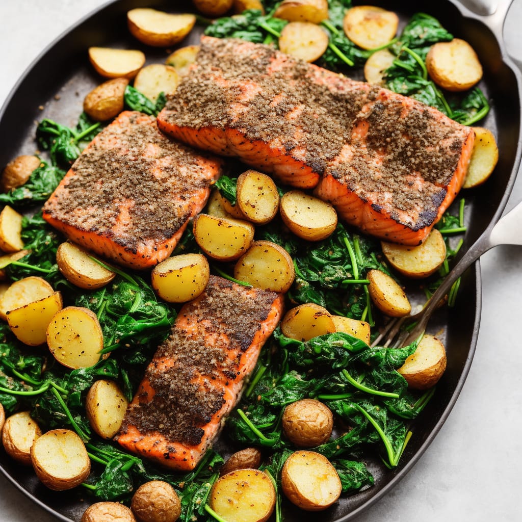 Spice-crusted Salmon with Sautéed Potatoes & Spinach