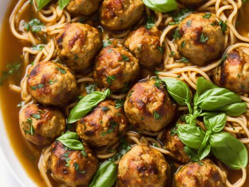 Spiced Chicken Meatballs with Noodles, Basil & Broth