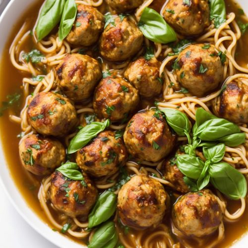 Spiced Chicken Meatballs with Noodles, Basil & Broth Recipe
