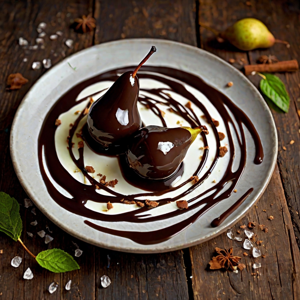 Spiced Poached Pears in Chocolate Sauce