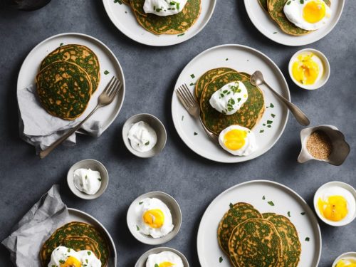 Spinach Pancakes with Harissa Yogurt & Poached Eggs